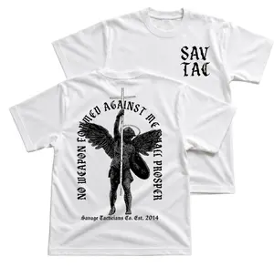 Savage Tacticians No Weapon Formed Tactical T-Shirt, Faith Warrior Graphic Tee, Angel Sword Back Print Shirt, Front Chest SAV TAC Logo Tee, Christian Streetwear Apparel, Bold Spiritual Gift For Men Women