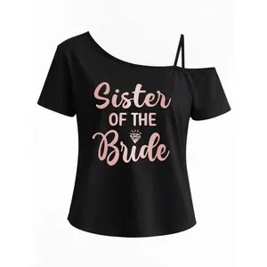 Womens One Shoulder Asymmetrical Strap Short Sleeve Tee Sister of the Bride Diamond Graphic Off Shoulder Top for Bachelorette Party Bridal Shower Wedding Weekend