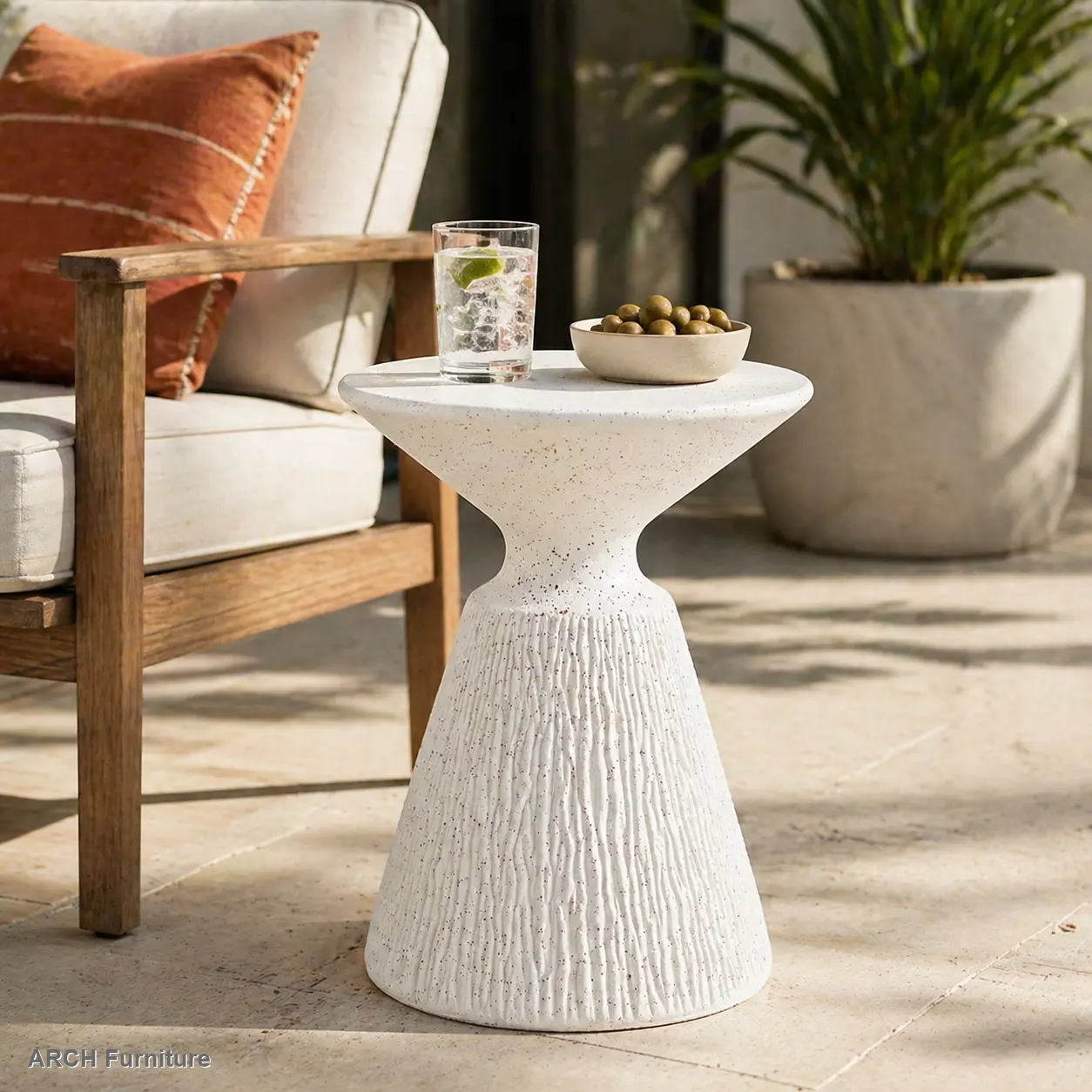 Retro Speckled Vertical Texture White Marble Compact Pedestal Indoor-Outdoor Side Table - All-Weather MGO Patio Furniture, Ready-to-Use Weatherproof End Table, Indoor-Outdoor Side Tables