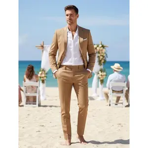 MenSuitBeachWeddingSuitSummerSlimFit2PiecesLightWeightLinenSuitJacketPantTuxedo