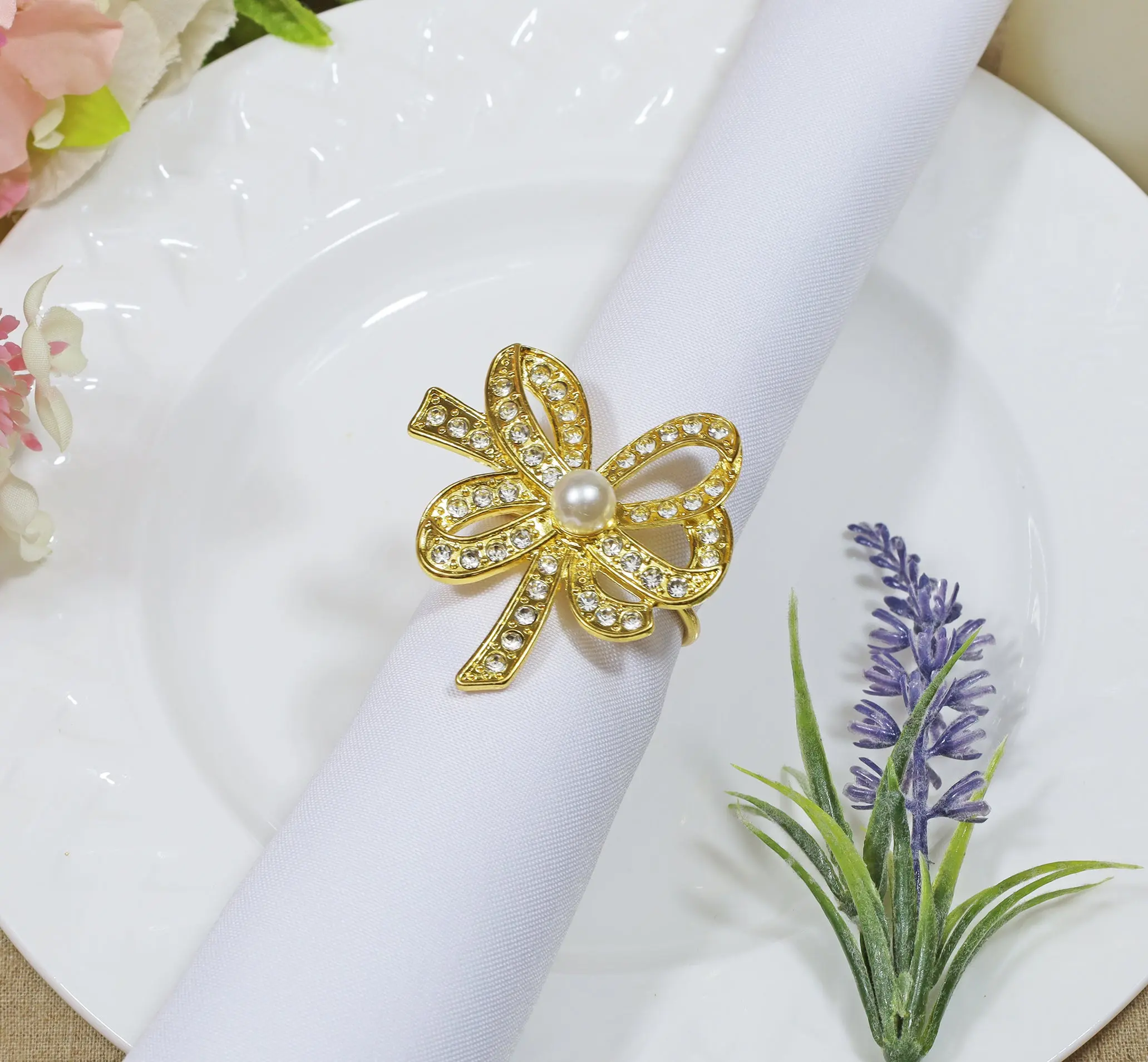 Collapsible Rhinestone Napkin Ring - Gold Ribbon Bow (12pcs/pk)