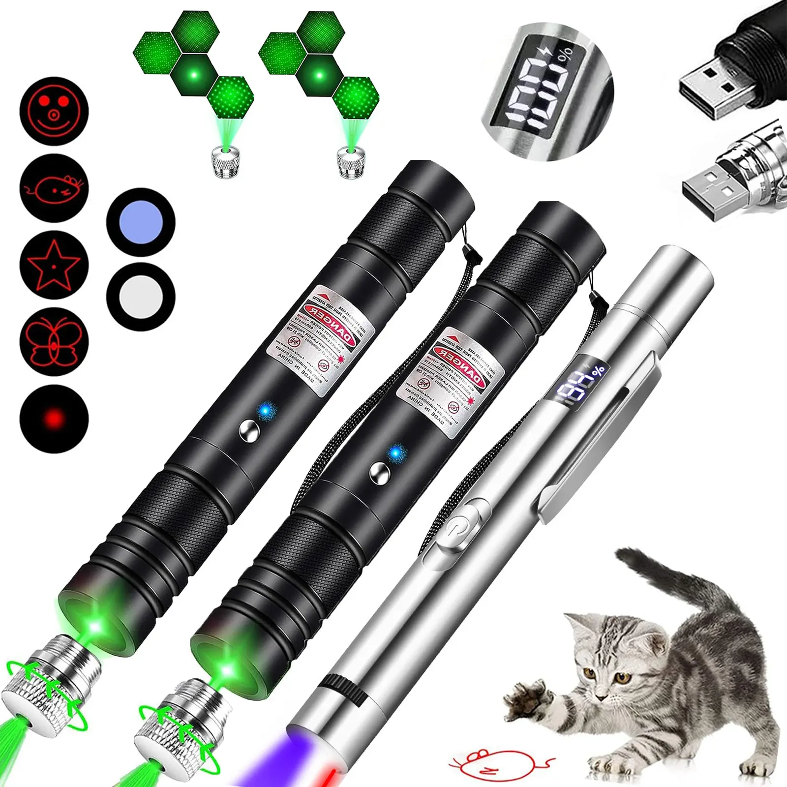 3-Piece USB Rechargeable Pet Laser Toy Set, Digital Silver Color Laser Pointer, Handheld Laser Pen, 5 Adjustable Modes, Training & Entertainment for Cats Dogs