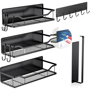 5 Pack Multifunctional Magnetic Shelves for Refrigerator Spice Rack & Washing Machine Organizer, Include Paper Towel Holder, Kitchen Utensil Hanger and Hooks, Strong Magnet for Secure Hold (Black)