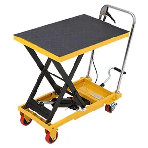 Heavy-Duty Hydraulic Lift Table Cart – 330 lbs Capacity – Manual Single Scissor Platform – 28.5" Max Height – 4 Wheels, Non-Slip Pad – Ideal for Material Handling, Transportation, Industrial Use – Yellow