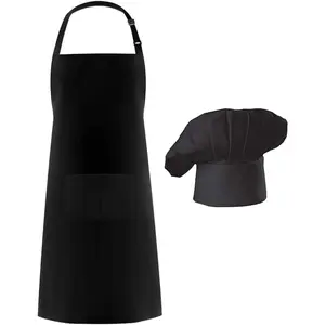 Chef Apron Hat Set, Chef Hat and Kitchen Apron Adult Adjustable Apron with Butcher Hat Baker Costume Kitchen Pocket Apron for Men and Women Father's Gift (Black)