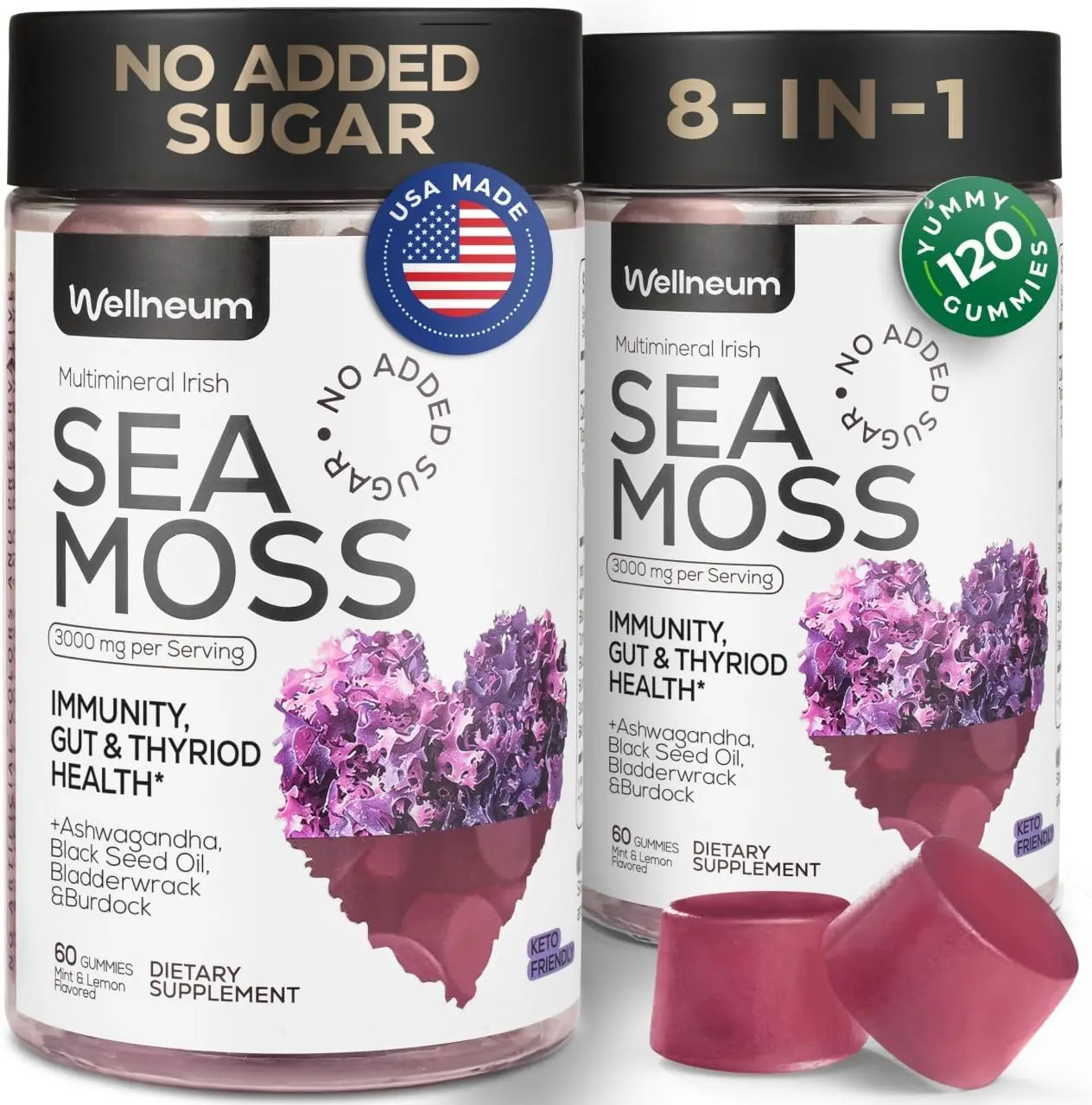 Wellneum Multimineral Sea Moss Glow Gummies 3000 Mg for Immunity, Thyroid Health, Skin - Black Seed Oil, Bladderwrack, Ashwagandha, Chlorophyllin, 2 Pack