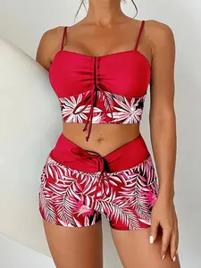 Two-piece Set Women's Plants Print Bikini Set, Casual Fashion Swimsuit Set for Beach Holiday Vacation Swimming, Ladies Swimwear for All Seasons, Tankini Swimsuits Women, Flower Print Tankini, Tropical Print Tankini, Floral Print Tankini