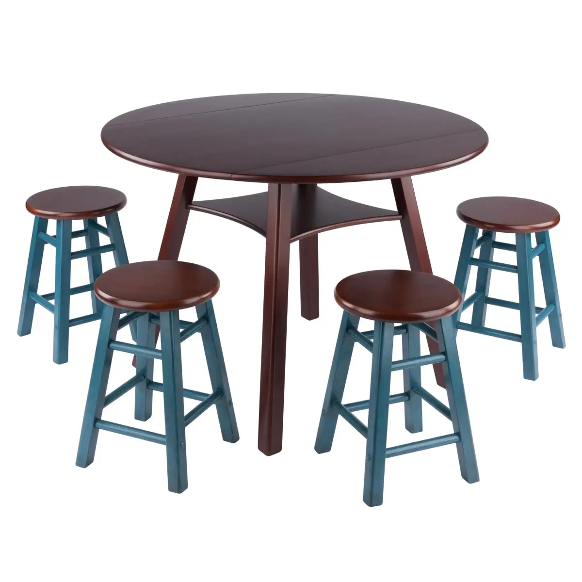 Winsome 94562 Marbelle Table 5-Pc Drop Leaf Dining Table, Walnut Finish, with 4 Element 18 Dining Stools, Walnut Rustic Teal Finish