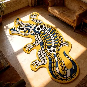 Vintage Skull Beast Crocodile Print Rug, Foldable Plush Carpet for Living Room Bedroom Balcony, Easy Care Large Area Mat, Decorative Fluffy Rug