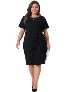Agnes Orinda Women's Plus Size Office Dress Casual Belted Tie Pencil Dress Bodycon Wear to Work Dresses