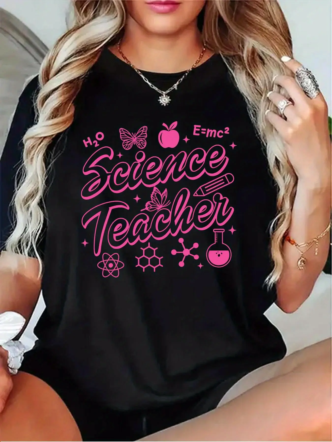 Women'S Science Teacher T-Shirt with Pink STEM Symbols & Equations - Chemistry, Physics, Math & Biology Design - Casual Round Neck Short Sleeve Top for Educators, Events, Casual Attire - Comfortable Science-Themed Apparel (Black/Grey/White/Red) - Sc