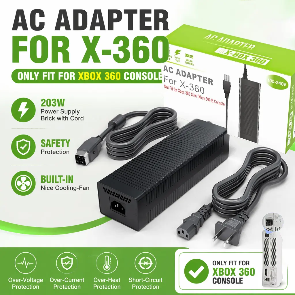 RUNTOGOL 203W AC Adapter Power Supply Brick with Cord - Replacement Accessory for Xbox 360 game Fat Console (Not Compatible with Slim/E Models) cable