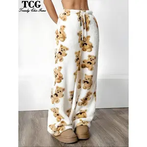 2025 new products Women's Cartoon Bear Pattern Fleece Sleepwear, Thick Knit Warm Home Pants, Comfortable Soft Velvet Nightgown, Casual Fit for Fall Winter, Homewear