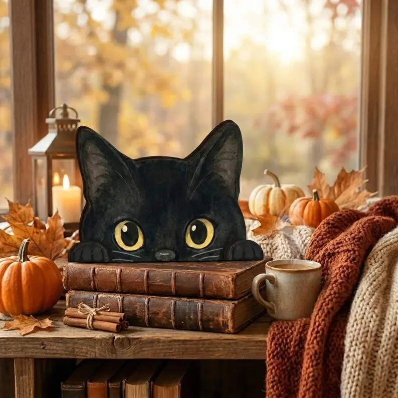 Retro Black Cat Shelf Sitter, Vintage Halloween Shelf Decor, Spooky Fall Home Accent, Halloween Cat Figurine, Housewarming Gift