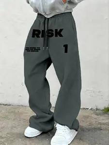 Men's "RISK 1" Quote Print Baggy Sweatpants | Y2K Streetwear Wide-Leg Pants with Drawstring Waist | Soft Fleece Casual Street Comfy Trousers for Street Style & Everyday Wear | Ideal for Gen Z Guys, Streetwear Enthusiasts & Motivational Fashion Lovers
