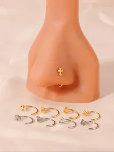 4pcs 18k Plated Cross Nose Rings 20g, Hypoallergenic C-Shaped Heart Nose Studs, Fox Apple Heart Cross Elements, Mini Daily Wear, Nose Piercing Jewelry