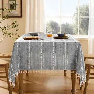 Hemstitched Embroidery Striped Boho Tablecloth 60x120 Inch Charcoal, Heavy Weight Farmhouse Burlap Linen Grey Tablecloth, Wrinkle Resistant Washable Table Cloth for Rectangle Table