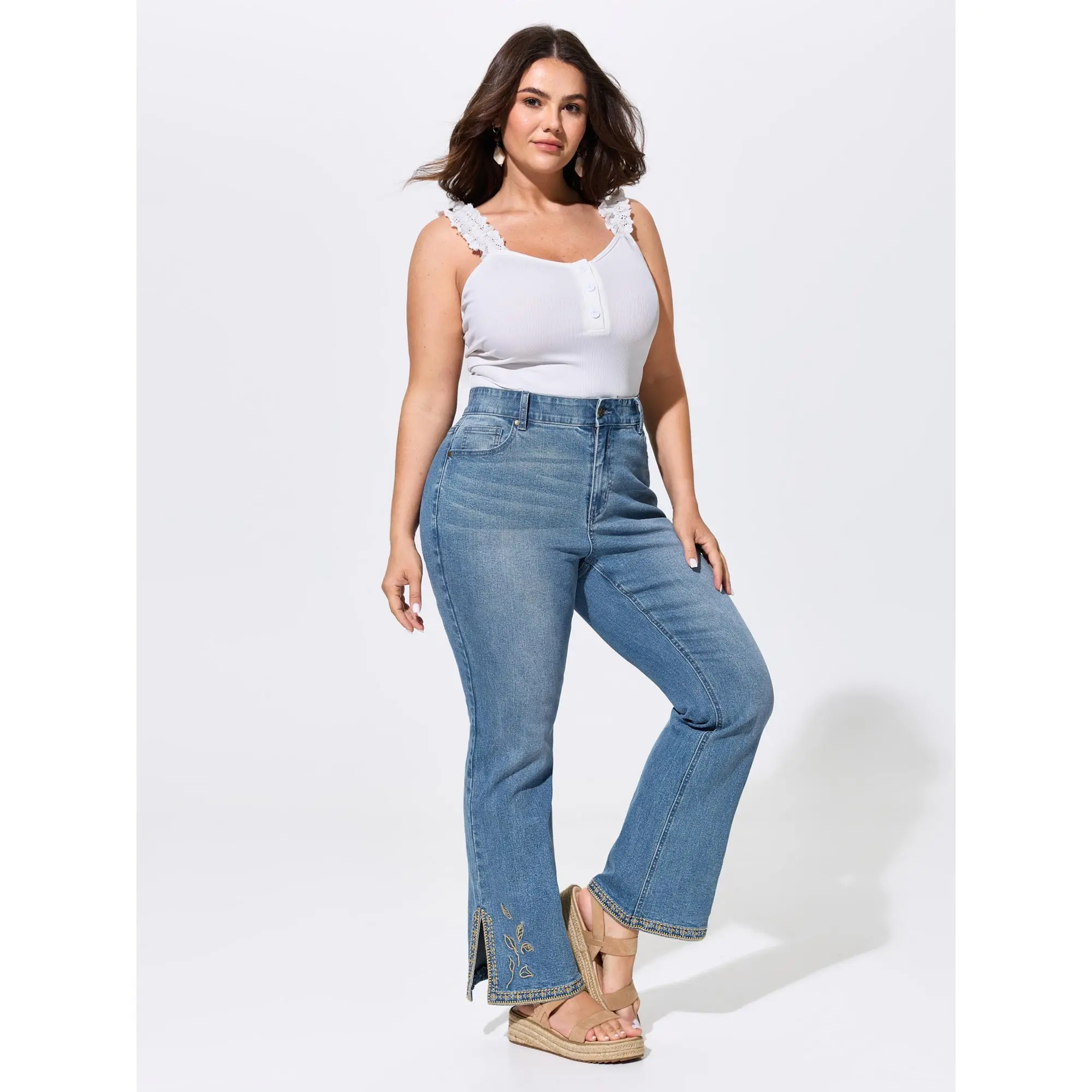 BloomChic Plus Size Lady Curvy Fit Stretch Jeans, High-Rise Cotton Blend Denim with an Elastic Back Waist and Embroidered Pockets, Pants, Curvy Fit Jeans, Cold Wash, Button, Regular, Fitted