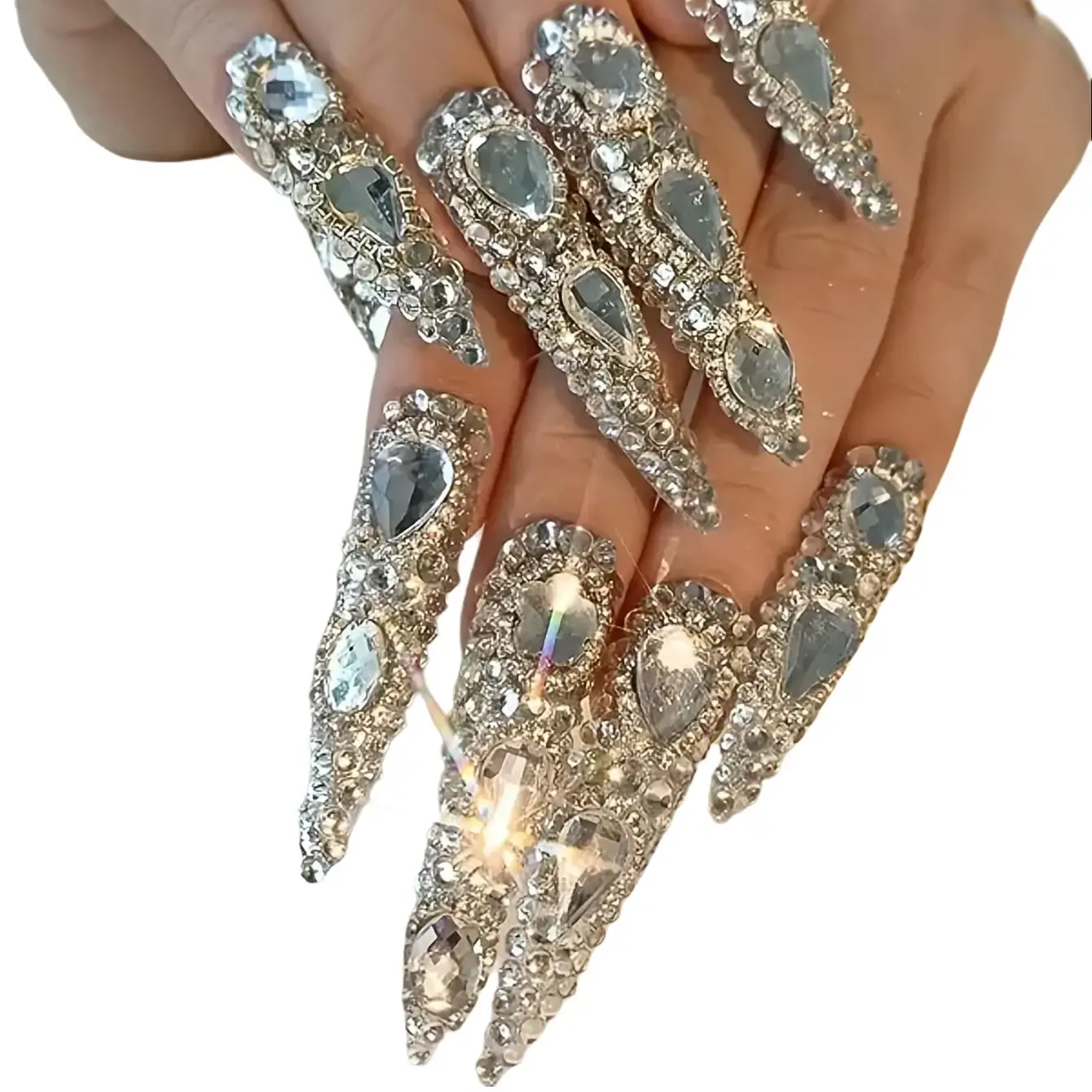 NAILROSY Elegant Rhinestone Decorated Handmade Press-On Nails Long Stiletto Acrylic 10Pcs for Girls Women Festivals Parties Daily Wear Salon-Quality Craftsmanship Gift Set, Acrylic Nail Kit, Flower Nails