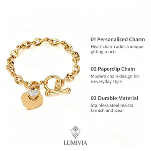 Female Elegant Stainless Steel Bracelet with Sparkling Heart Charm, Personalized Paperclip Chain, and Fashionable Toggle Clasp