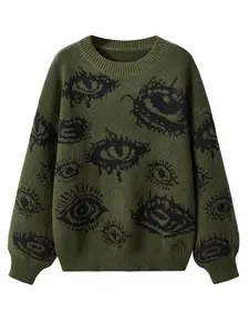 Men's All Over Eye Print Drop Shoulder Sweater, Regular Fit Casual Long Sleeve Round Neck Jumper for Fall & Winter, Fashion Men's Knitwear for Daily Wear