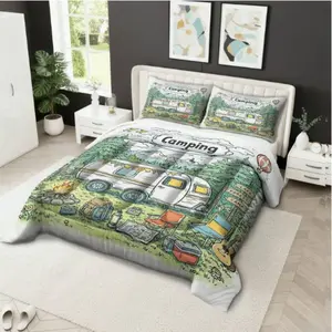 Outdoor Adventure Camping Quilt Set (1 Quilt + 2 Pillowcases), Soft Breathable, Digital Print, Suitable for Bedroom Dorm Home Use