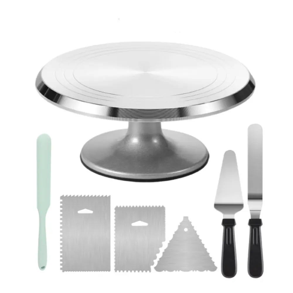 Aluminium Cake Turntable Set, Baking Tools with Revolving 12" Cake Stand for Decorating, 12.7" Offset Spatula, 3 Stainless Steel Frosting Icing Smoother, Cake Serve Cake Decorating Kit Supplies