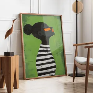 Contemporary Artwork, Stripe Afro Woman, Emerald Green Abstract People, Black Woman Art