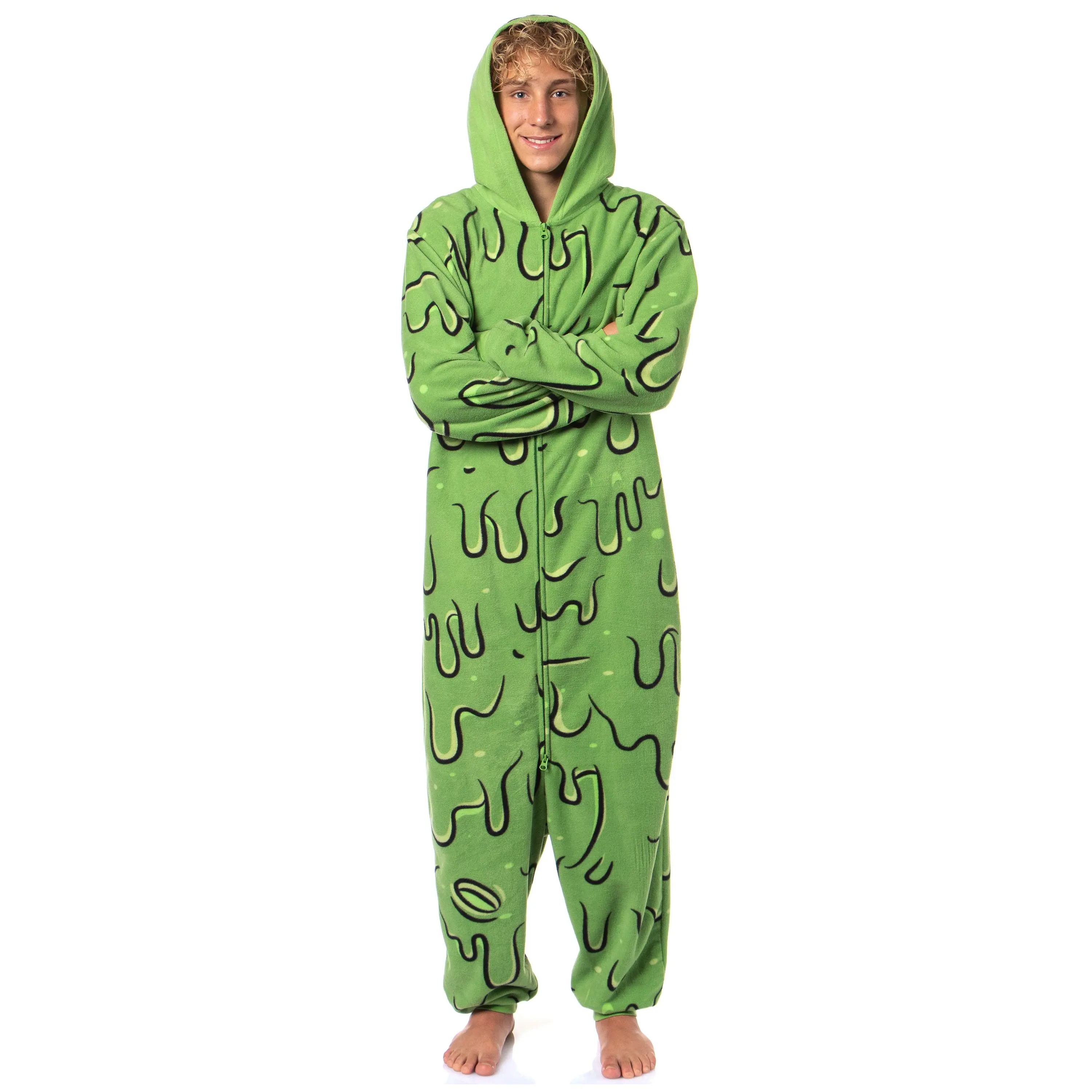 Slimer Union Suit Adult Ghostbusters Hooded Fleece Costume One Piece Pajama For Men Women (Slimer, Large/X-Large)