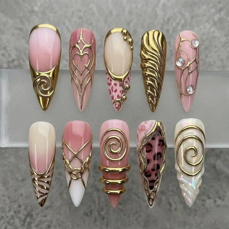 Aura Nails - Luxury Gold Chrome Press On Nails Pink Aura 3D Metallic Swirl Pearl Rhinestone Extra Long Stiletto Handmade Reusable Acrylic Nail Set for Women
