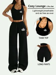 Women Letter Print Halter Tank Top & Wide Leg Pants Two Piece Set, Slim Fit, Seamless Soft Breathable Fabric, Perfect for Gym Workouts, Daily Streetwear & Loungewear, Sweatsuit Set