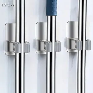 1/2/3pcs.,mop broom rack, stainless steel non-perforated mop hook, bathroom storage hook, broom clip hook, strong adhesive mop clip wall hanging