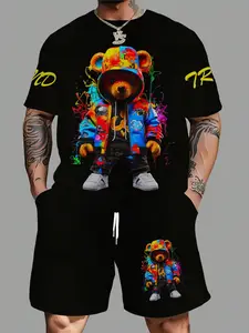 Men's Two-Piece Set, Casual Cartoon Bear Print T-Shirt and Shorts, Fitted Short Sleeve, All Seasons, Daily Wear, Matching