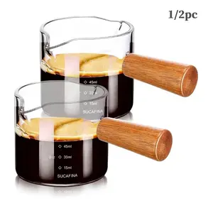 Glass Espresso Shot Cup with Wooden Handle, Dual Spout Measuring Cup for Coffee Extraction, Heat Resistant Borosilicate Glass Coffee Mug, Premium Coffee Maker Accessory, Coffee Making, Coffee Equipment, Perfect Gift for Barista Coffee Lovers