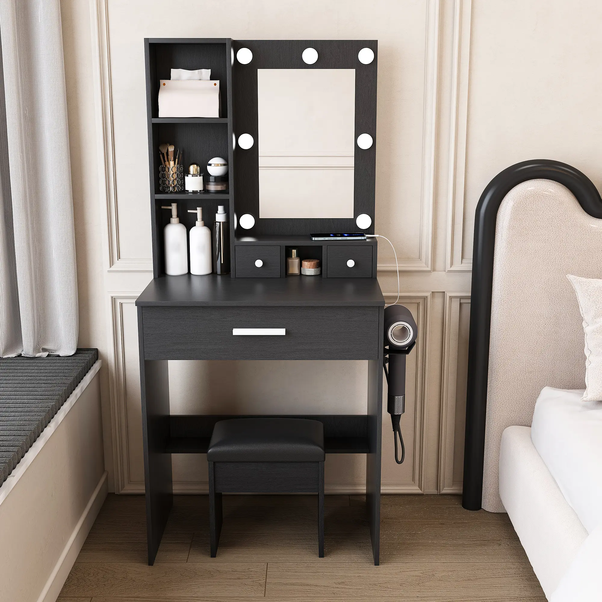Makeup Vanity Desk with Adjustable LED Mirror, Built-in LED Lighting, Power Outlet, Hairdryer Holder & Stool, Compact Indoor Furniture for Small Bedrooms (Fixes Poor Lighting & Tangled Cords), Adjustable Led Vanity Mirror Makeup Vanities