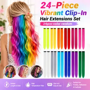 24-Piece Vibrant Clip-In Hair Extensions Setm, 24 Inch Length Rainbow Hair Pieces, Instant Length & Color,High Temperature Fiber, Colored Hair Extensions,synthetic hair extensions,Multi-Colors Strips for Women & Girls - Perfect for Parties, Festivals
