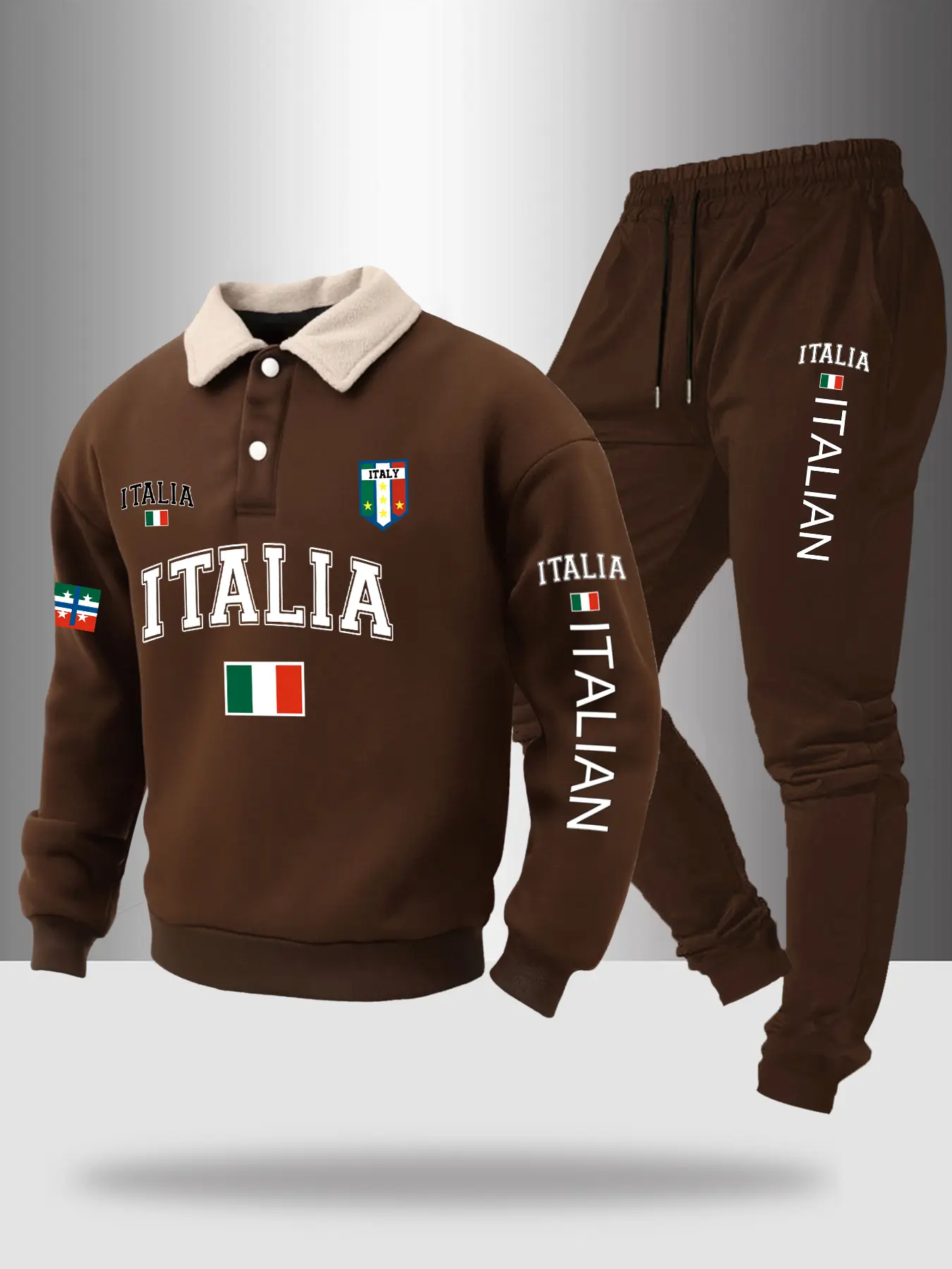 Men's Polo Neck Set Autumn Winter Letter Flag Print Fleece Half Button Sweatshirt + Drawstring Casual Sport Pants 2 Piece Set