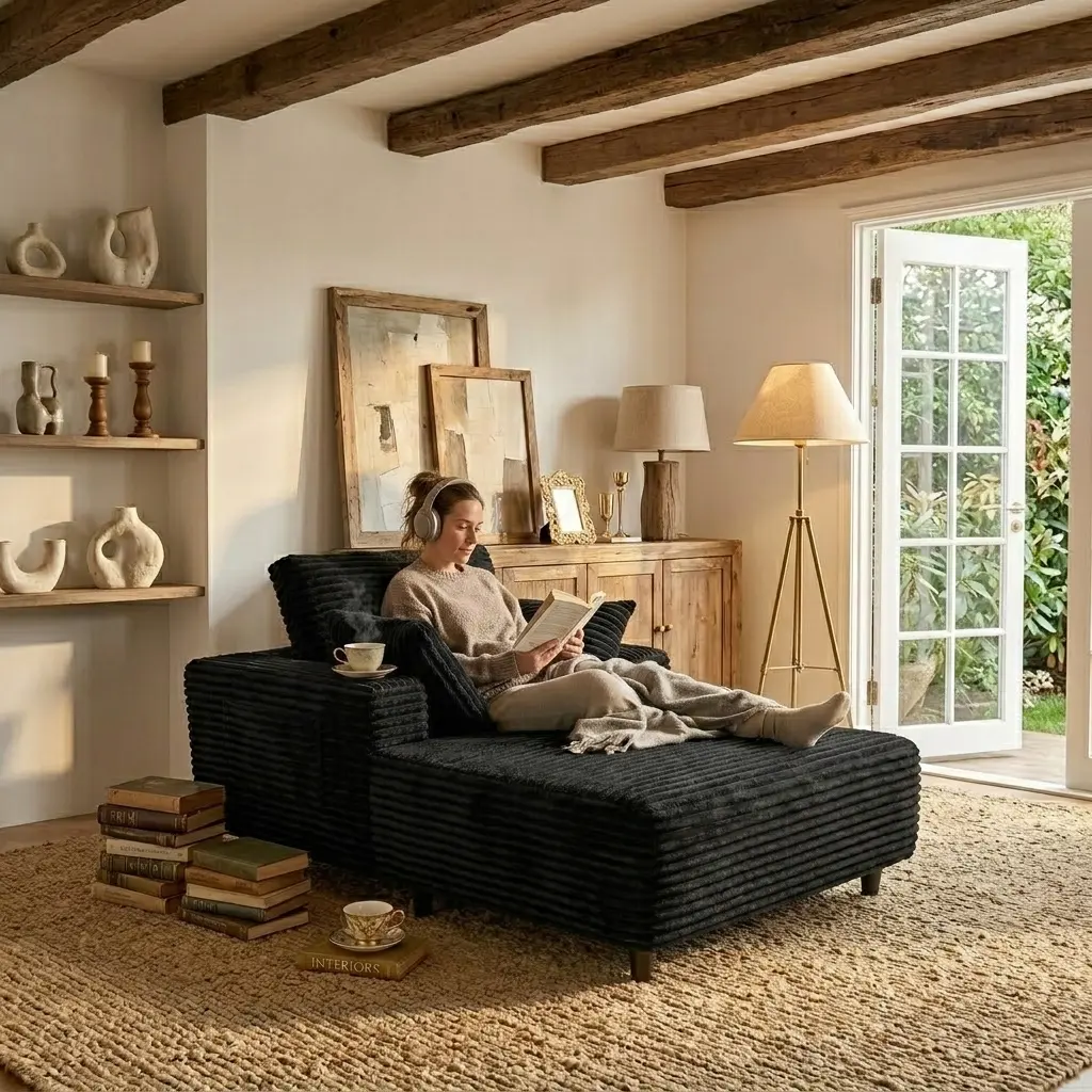 63.78 in Oversized Chaise Lounge Chair with Short Legs, Ribbed Flannel Lazy Sofa with 3 Pillows, Wide Arms and Side Pockets for Apartment Bedroom
