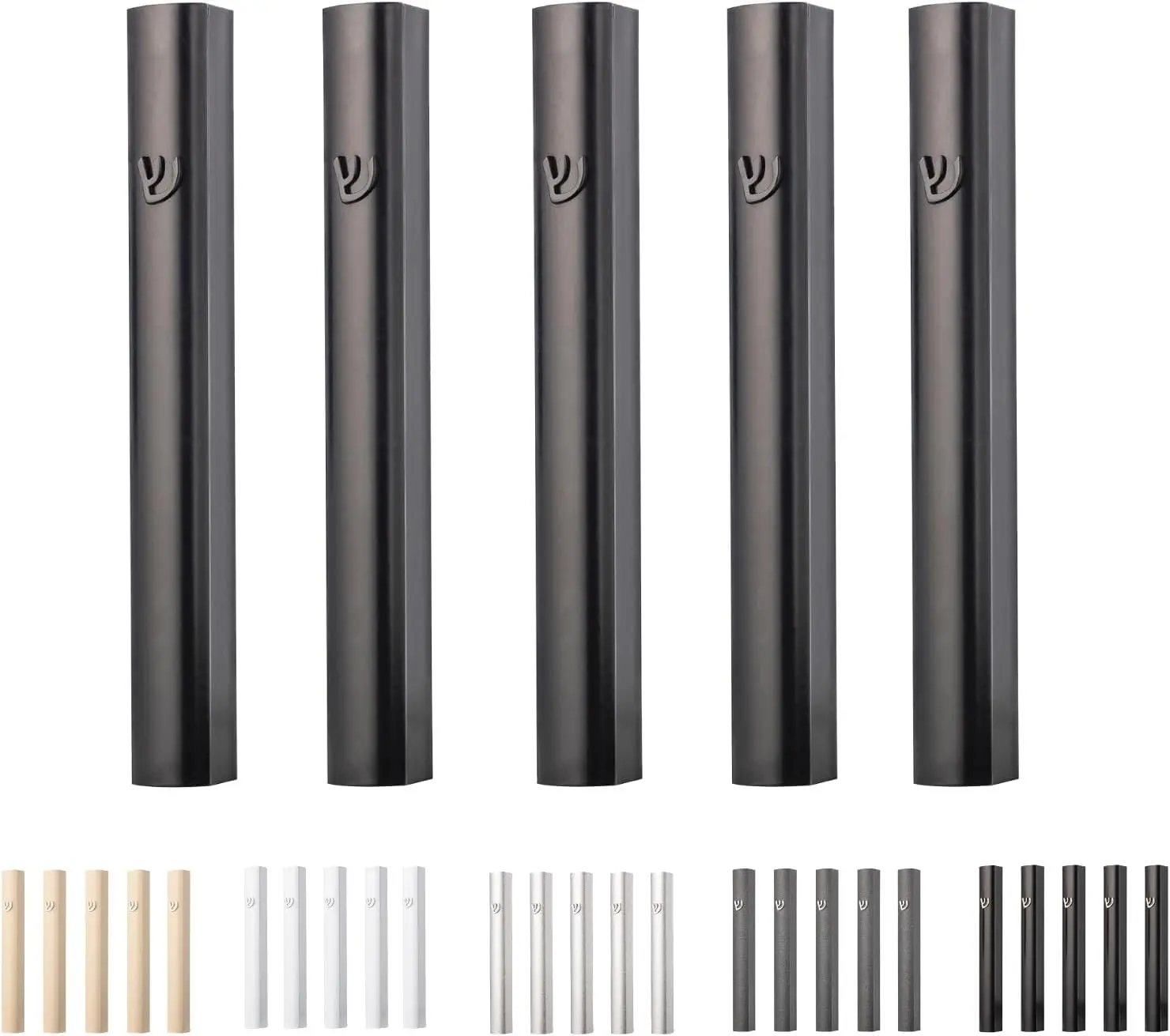 Pack of 5 Matte Black Aluminum Waterproof Mezuzah Case, Fit up to 5" / 12cm Mezuzah Scroll, with Embossed Matte Black SHIN, Easy Peel and Stick (Scroll Not Included)