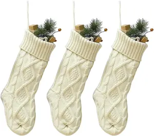 18'' Christmas Stockings Burgundy Ivory Green Knitted Pattern Large Fireplace Hanging Stockings Decoration Use 3 Pack (Ivory)