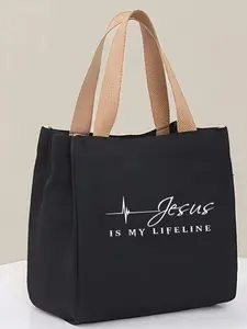 #JesusLifelineTote #FaithThemedBag | Black Canvas Tote Bag with "Jesus Is My Lifeline" Print, Religious Shoulder Shopper, Large Capacity Casual Handbag, Spiritual Style for Believers, Perfect Gift, Durable & Eco-Friendly, Nylon Tote