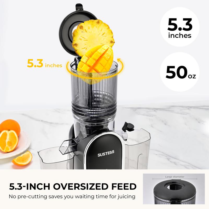 SUSTEAS Cold Press Juicer with 5.3'' Large Feed, Easy to Clean, High Juice Yield, Includes Two Filters for Soft & Hard Fruits, 98% Juice Yield Healthy Life Kitchen Essential Juicer Machine Blenders