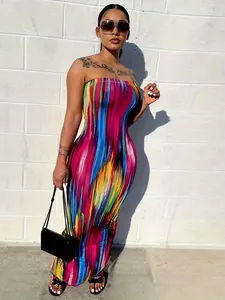 Women's All Over Print Backless Split Hem Bodycon Dress, Fashion Casual Elegant Sleeveless Bodycon Sleeveless Long Tube Dress for Summer, Women's Clothing for Club Party, Summer Outfits 2024 Valentine's Day, gift