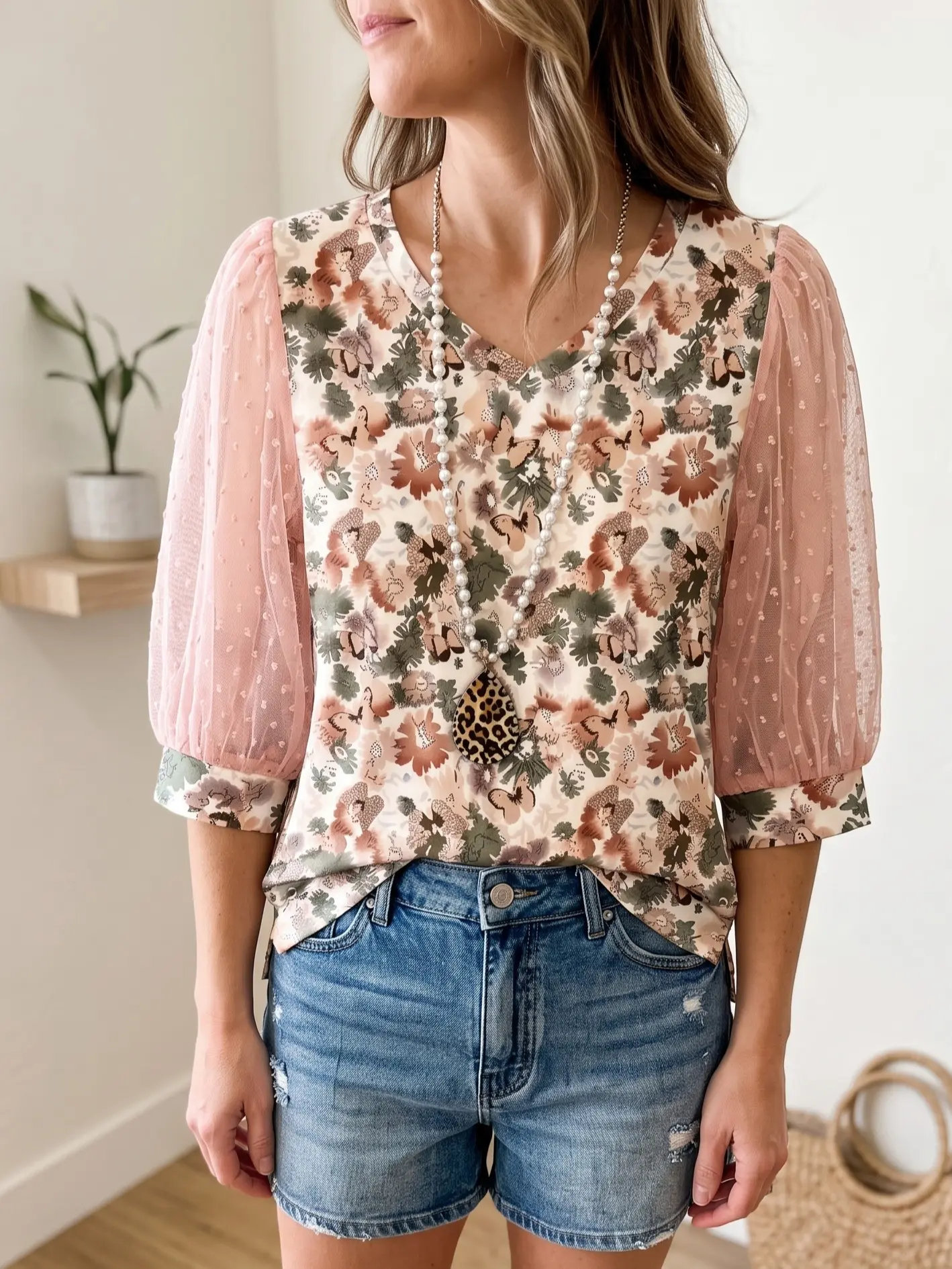 Women's Feminine Floral V-Neck Blouse - Light Sheer Blush Pink Polka Dot Mesh Half-Sleeve Top, Butterfly Graphic, Everyday Polyester Fabric, Relaxed Fit Womenswear Tee