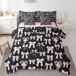 Feelyou 7-Piece Watercolor Bow Microfiber Quilt Bedding Set - Girls' Princess Bed-in-A-Bag with Comforter, Sheets, Bow Motifs, Breathable Soft Blanket, Multi-Size for Dreamy Room Decor