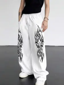 White Oversized Wide-Leg Dark Streetwear Sweatpants - Gothic Intricate Totem Graphic Joggers, 2025 Popular Y2K Dark Aesthetic Trousers for Women, Soft Comfortable Fabric Perfect for Daily Casual Wear, Street Style Displays, Lounge Relaxation & Dark Aesthe