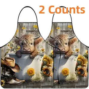 Christmas Highland Cattle Pattern Polyester Apron, 2 Count Funny Unisex Cooking Apron, Christmas Gift,Highland Cow, Winter Apron for Women,Thanksgiving Gift,Nails Design Tool, Nail Tech