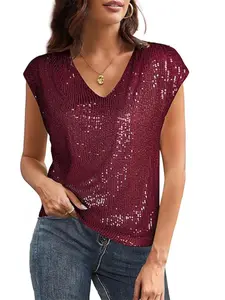 Women's Sequined Short Sleeve Top, V-Neck Party Shirt Design, Perfect for Casual & Formal Wear, Stylish Women's Clothing, Womenswear