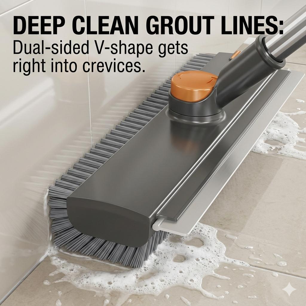 A-3-in-1 Floor Scrub Brush with Long Handle, Heavy Duty Stiff Bristle Scrubber with Squeegee, Multipurpose Cleaning Brush for Bathroom, Shower, Patio, Garage, Deck and Tile Grout