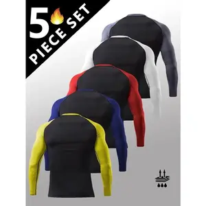 5 Pack Men's Long Sleeve Shirts Moisture WickingSweatproof Sunscreen Men's Quick Dry Breathable ColorBlock slim Long Sleeve T Shirt, Comfortable High StretchBase Layer Men's Outdoor Jogging, Fitness Training ActivityTopS Sport Pullover